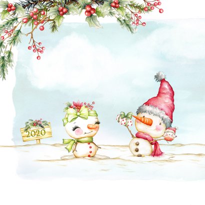 Kerstkaart met sneeuwpop man en vrouw 2