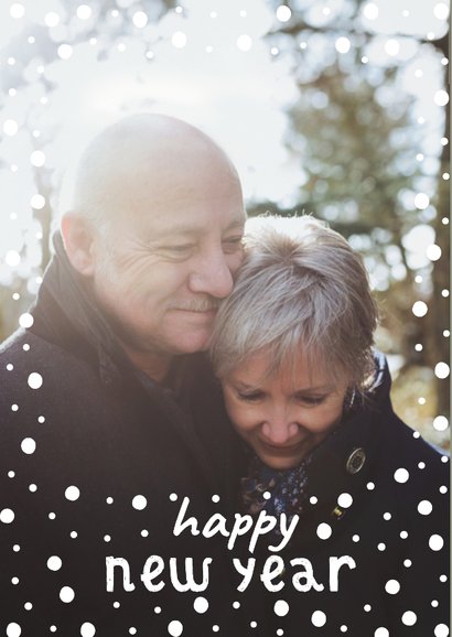 Kerstkaart met speelse typografie en wit confetti kader 2