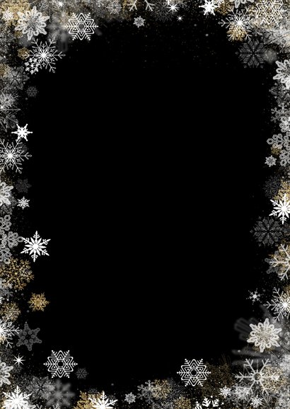 Kerstkaart met sterren en collage van 12 foto's Achterkant