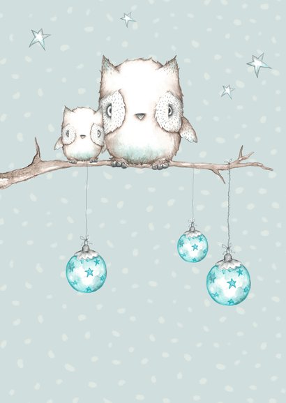 Kerstkaart met uiltjes in boom met kerstballen 2