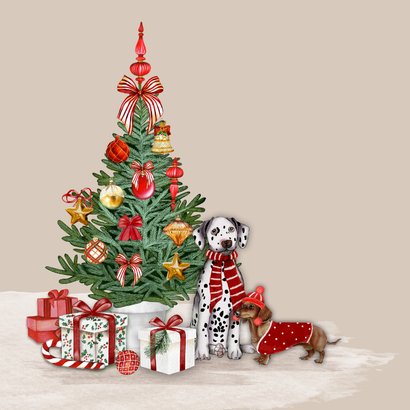 Kerstkaart met versierde kerstboom en hondjes 2