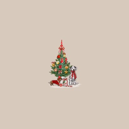 Kerstkaart met versierde kerstboom en hondjes Achterkant