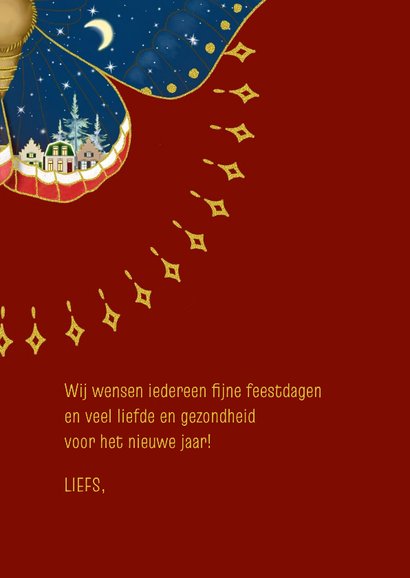 Kerstkaart met vlinder en huisjes op rood 3