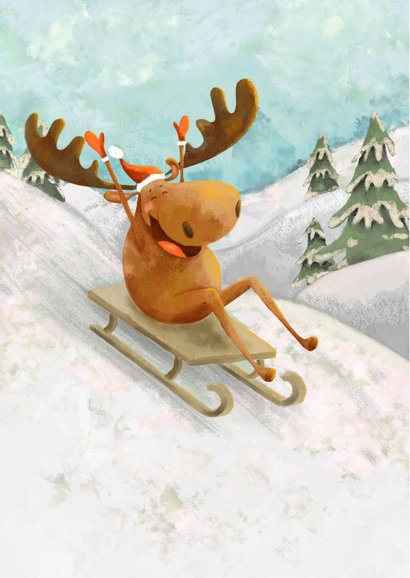 Kerstkaart met vrolijke eland op slee 2