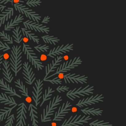 Kerstkaart minimalistische kersttakken oranje ballen donker 2