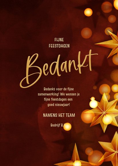 Kerstkaart modern zakelijk bedankt sterren goud rood 3