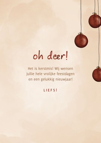 Kerstkaart oh deer rendier op de kop met kerstballen 3