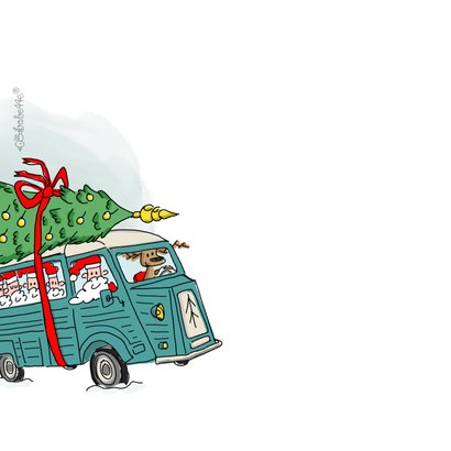 Kerstkaart oldtimer bus met kerstmannen en kerstboom 2