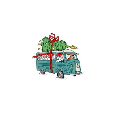 Kerstkaart oldtimer bus met kerstmannen en kerstboom Achterkant