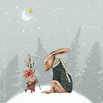 Kerstkaart om te bedanken met lieve illustratie haas en muis 2