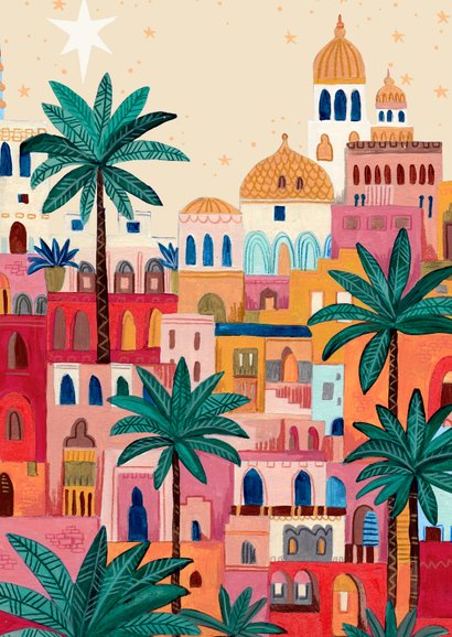 Kerstkaart oriëntaalse stad bethlehem en ster Achterkant