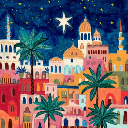 Kerstkaart oriëntaalse stad bethlehem en sterren hemel Achterkant