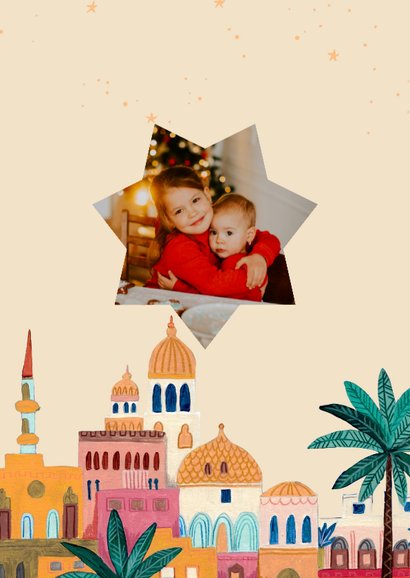 Kerstkaart oriëntaalse stad bethlehem onder sterren hemel 2