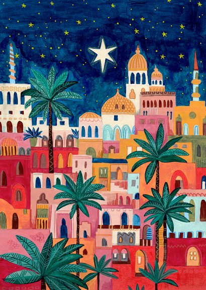 Kerstkaart oriëntaalse stad bethlehem onder sterren hemel Achterkant