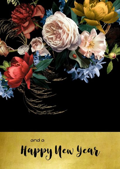 Kerstkaart oude meesters boeket goud 2