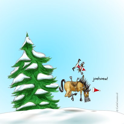 Kerstkaart paard met kerstmuts 2