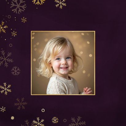 Kerstkaart paars gouden sneeuwvlokjes fijne kerst 2