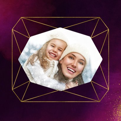 Kerstkaart paars verf met diamantvorm en goudspetters 2