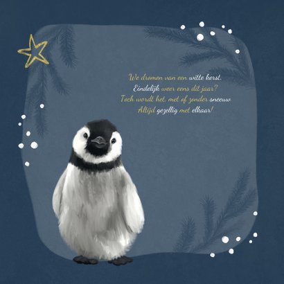 Kerstkaart pinguïn illustratie winter goud sterren 2