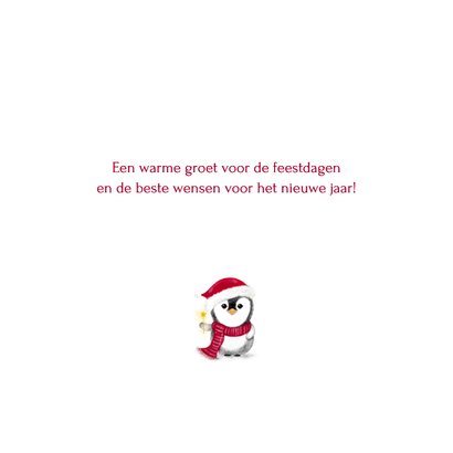 Kerstkaart pinguin met foto bij kerstboom met kerstlichtjes 3