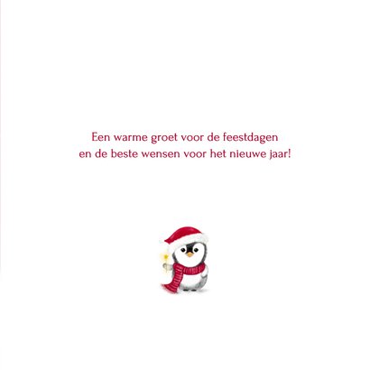 Kerstkaart pinguin met foto bij kerstboom met kerstlichtjes 3