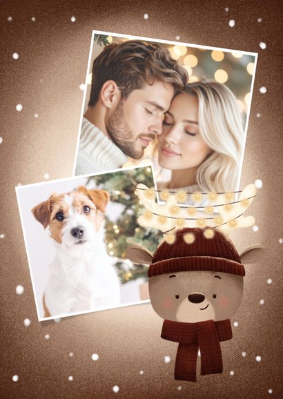 Kerstkaart rendier kerstlampjes sneeuw Merry Christmas 2