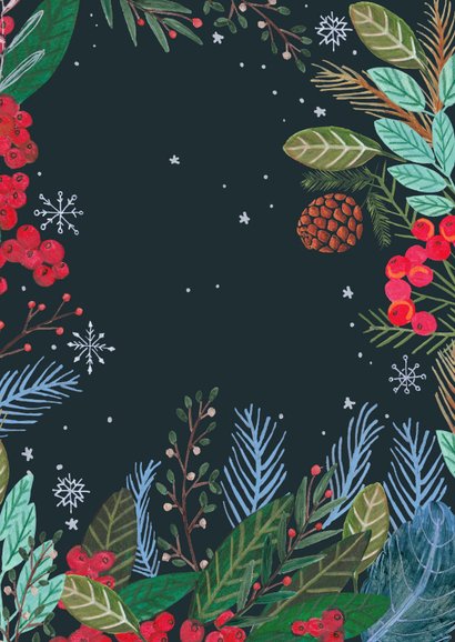 Kerstkaart Rendier met sneeuwvlokken en rode bessen Achterkant