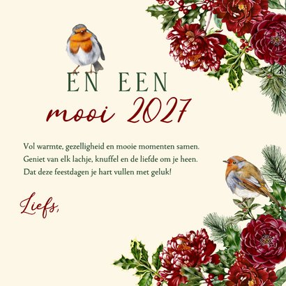 Kerstkaart rode pioenrozen met hulst en roodborstjes 3