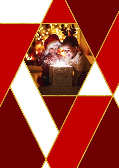 Kerstkaart rode ruiten goud en eigen foto 2
