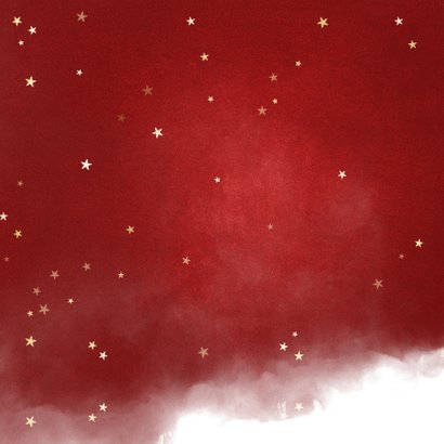 Kerstkaart rode waterverf met sterren en grote foto Achterkant