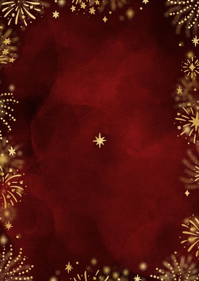 Kerstkaart rood 2024 met foto vuurwerk en sterren Achterkant