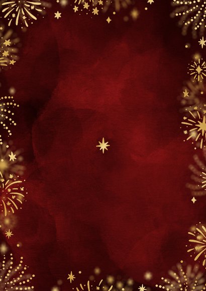 Kerstkaart rood 2027 met foto vuurwerk en sterren Achterkant