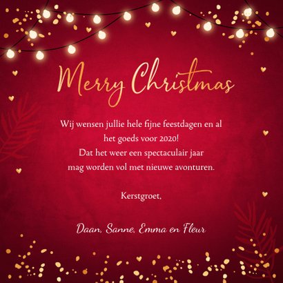 Kerstkaart rood fotocollage confetti goudlook 3