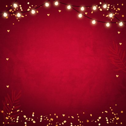 Kerstkaart rood fotocollage confetti goudlook Achterkant