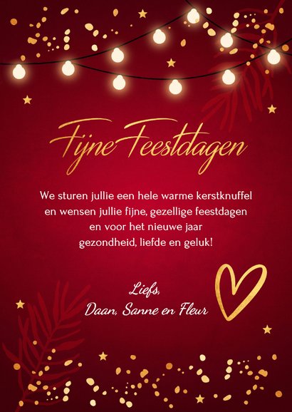 Kerstkaart rood lampjes goudlook foto confetti 3