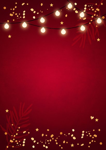 Kerstkaart rood lampjes goudlook foto confetti Achterkant
