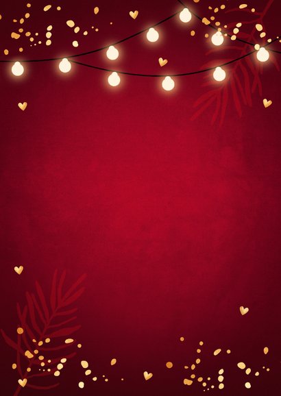 Kerstkaart rood lampjes goudlook foto confetti Achterkant