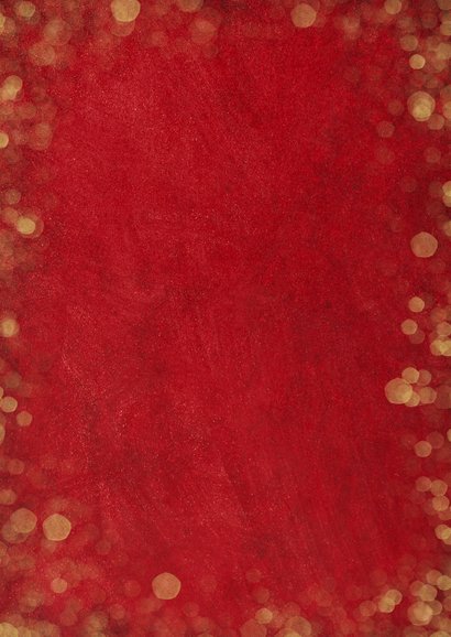 Kerstkaart rood met gouden confetti en foto's Achterkant