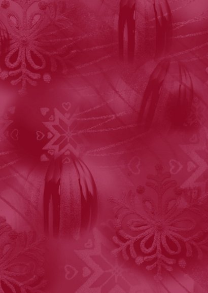 Kerstkaart rood met twee foto’s en gouden kerstballen 2