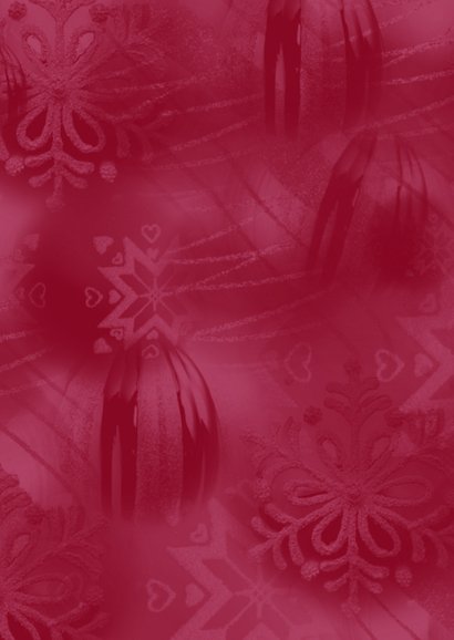 Kerstkaart rood met twee foto’s en gouden kerstballen Achterkant
