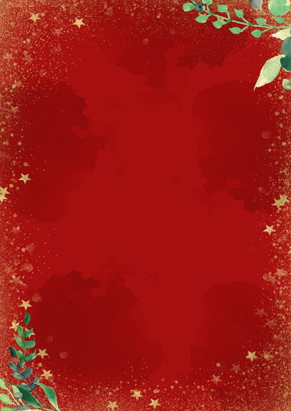 Kerstkaart rood staand gouden sterren een gouden kerst Achterkant
