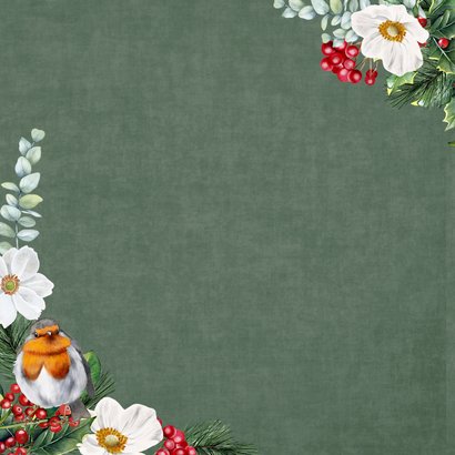 Kerstkaart roodborstjes op groen fluweellook Achterkant