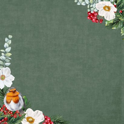 Kerstkaart roodborstjes op groen fluweellook Achterkant