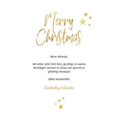Kerstkaart ruitpatroon foto Merry Christmas & gouden sterren 3