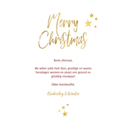 Kerstkaart ruitpatroon foto Merry Christmas & gouden sterren 3