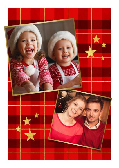 Kerstkaart ruitpatroon met goud 'Merry Christmas' en foto 2