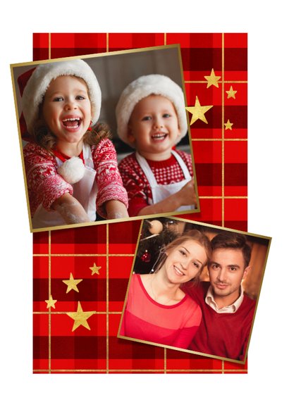 Kerstkaart ruitpatroon met goud 'Merry Christmas' en foto 2