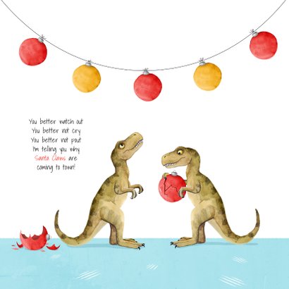 Kerstkaart santa claws dino kerstballen 2