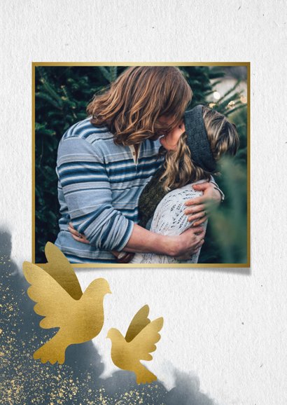 Kerstkaart save the date blauwe waterverf en gouden duifjes 2