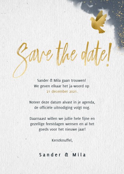 Kerstkaart save the date blauwe waterverf en gouden duifjes 3